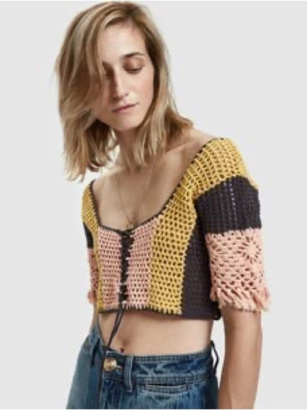 Tie-Front Crochet Colorblock Crop Top in Yellow, Pink & Black